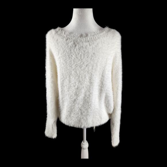Jessica Simpon White Fuzzy Soft Crew Neck Stretch Sweater Women's Size Medium - Picture 4 of 6